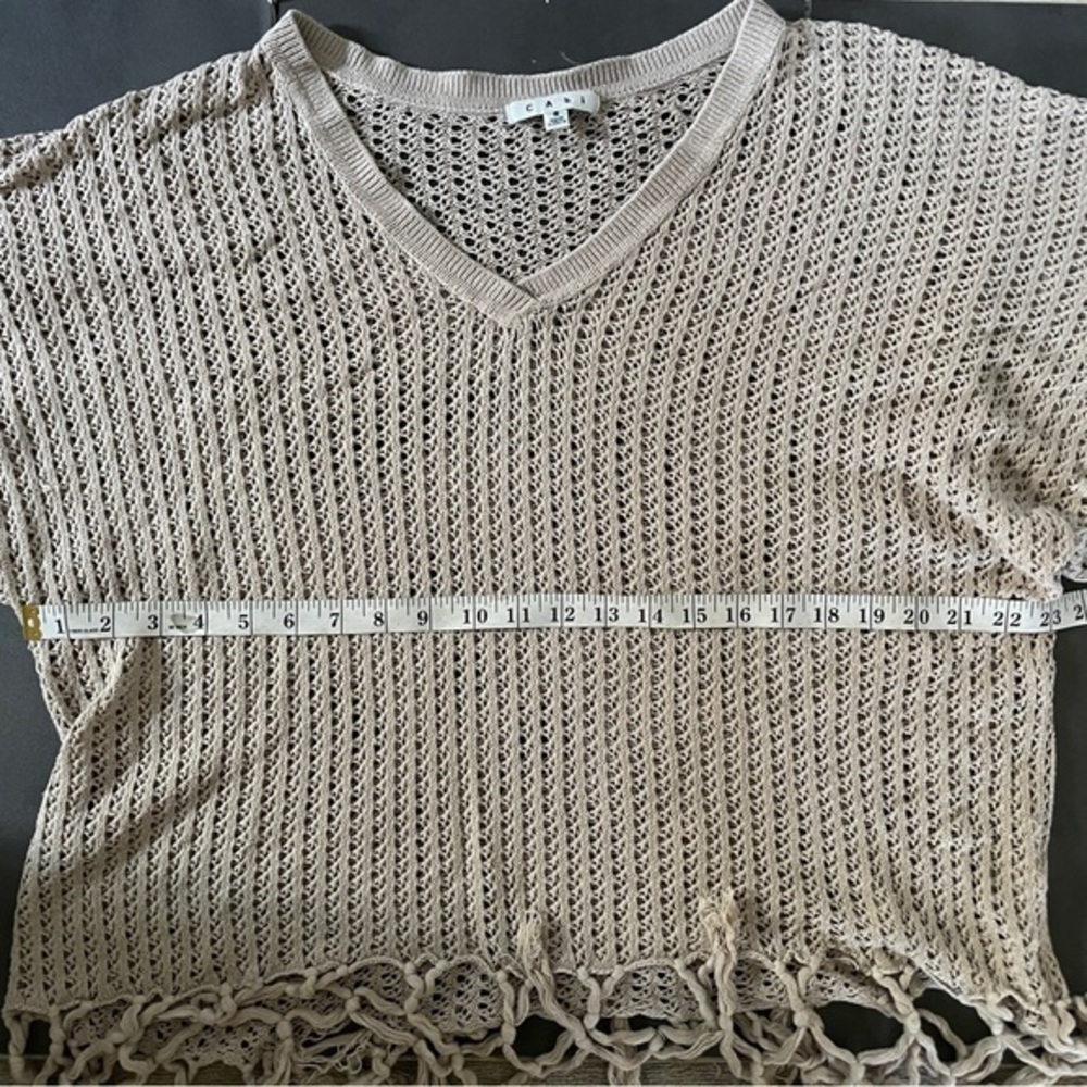 CAbi Beige V-Neck Knitted‎ Open Weave Beach Coverup With Fringe Detail - Picture 4 of 4